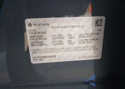 2025 Rivian R1S Adventure Dual Motor Large Pack/Adventure Dual Motor Max Pack из США, поврежденный, VIN 7PDSGBBA0SN060364